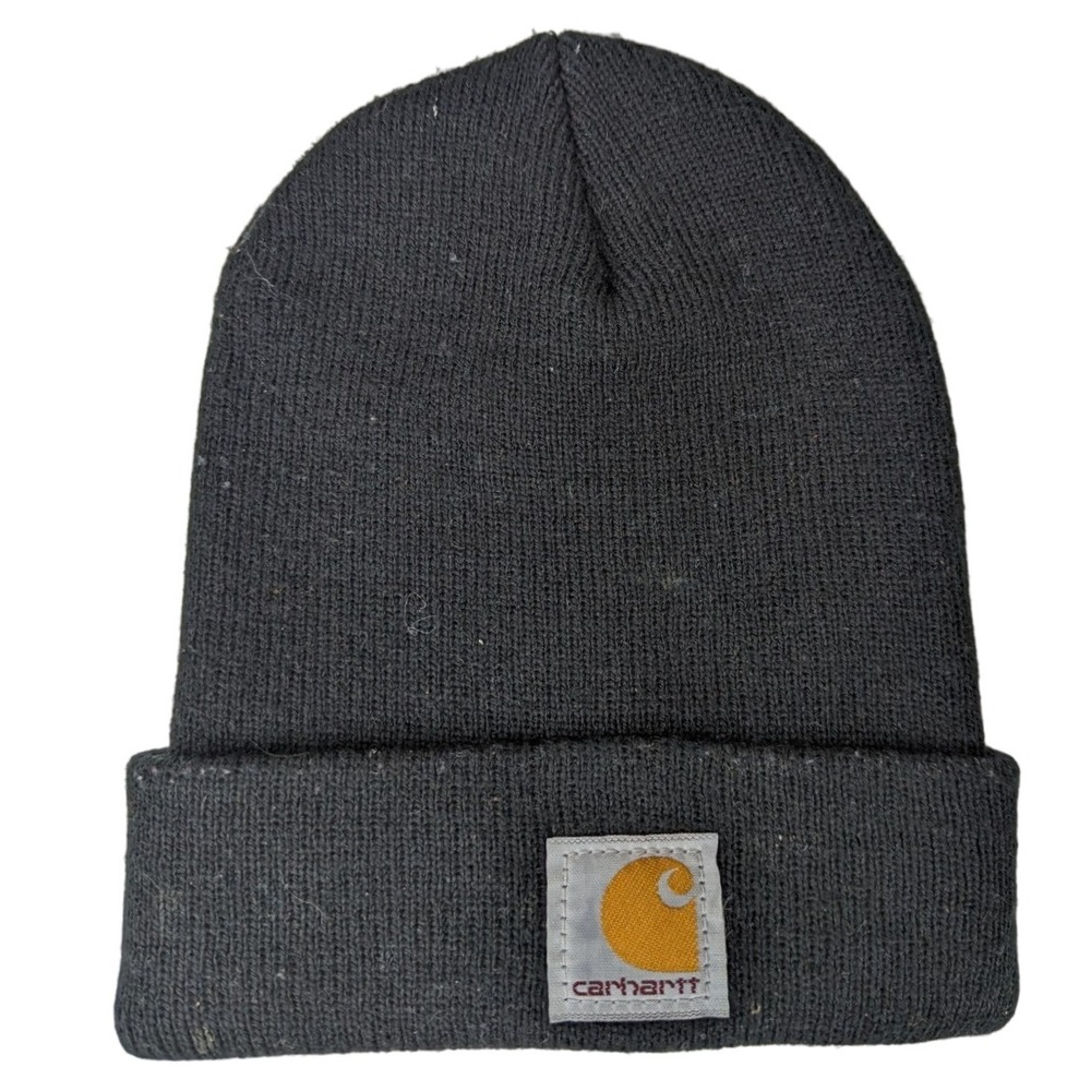 Carhartt Beanie Hat Cap Black Knit Embroidered Toddler Flip Up Workwear USA Made